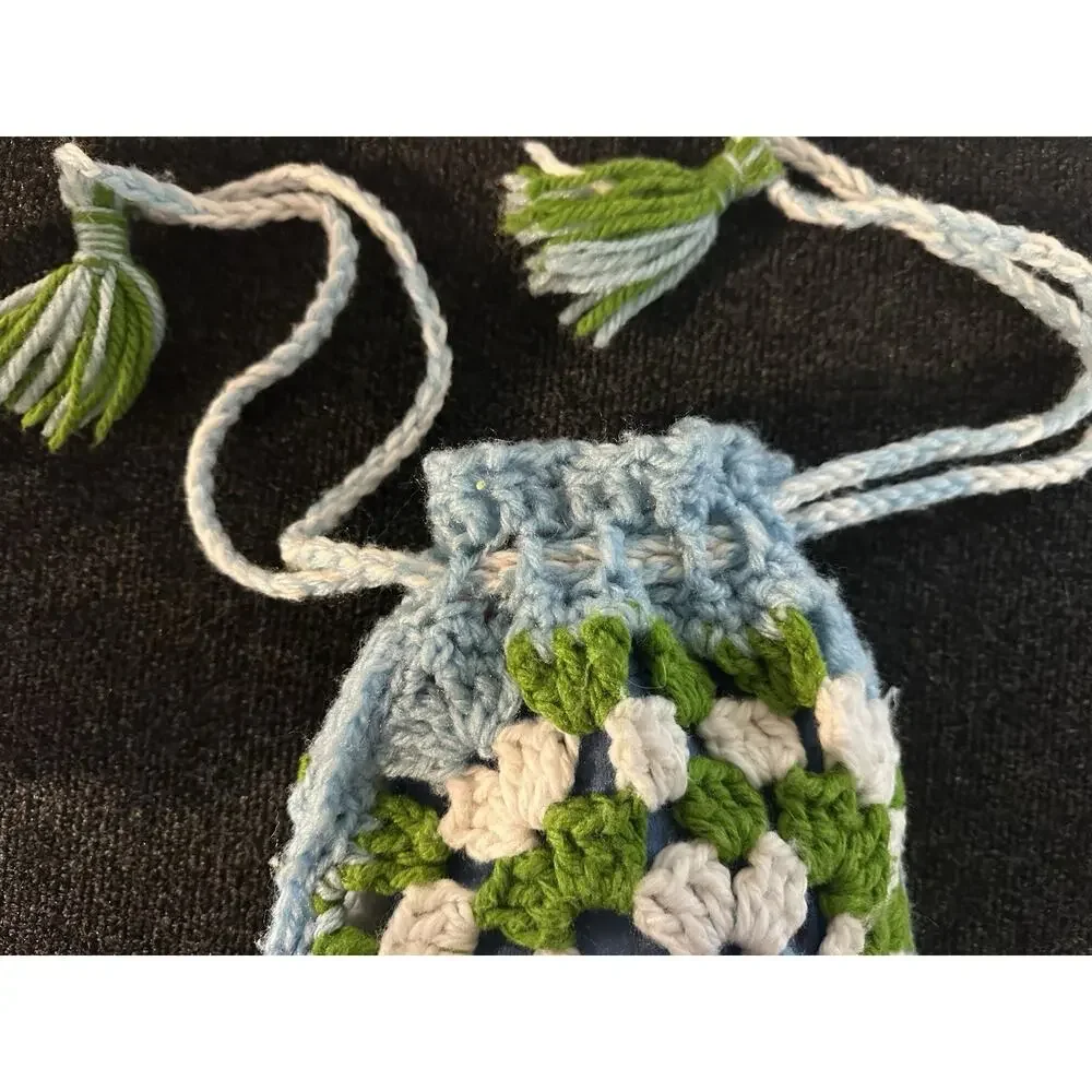 Handcrafted handbag women Crochet blue white green fringe granny square